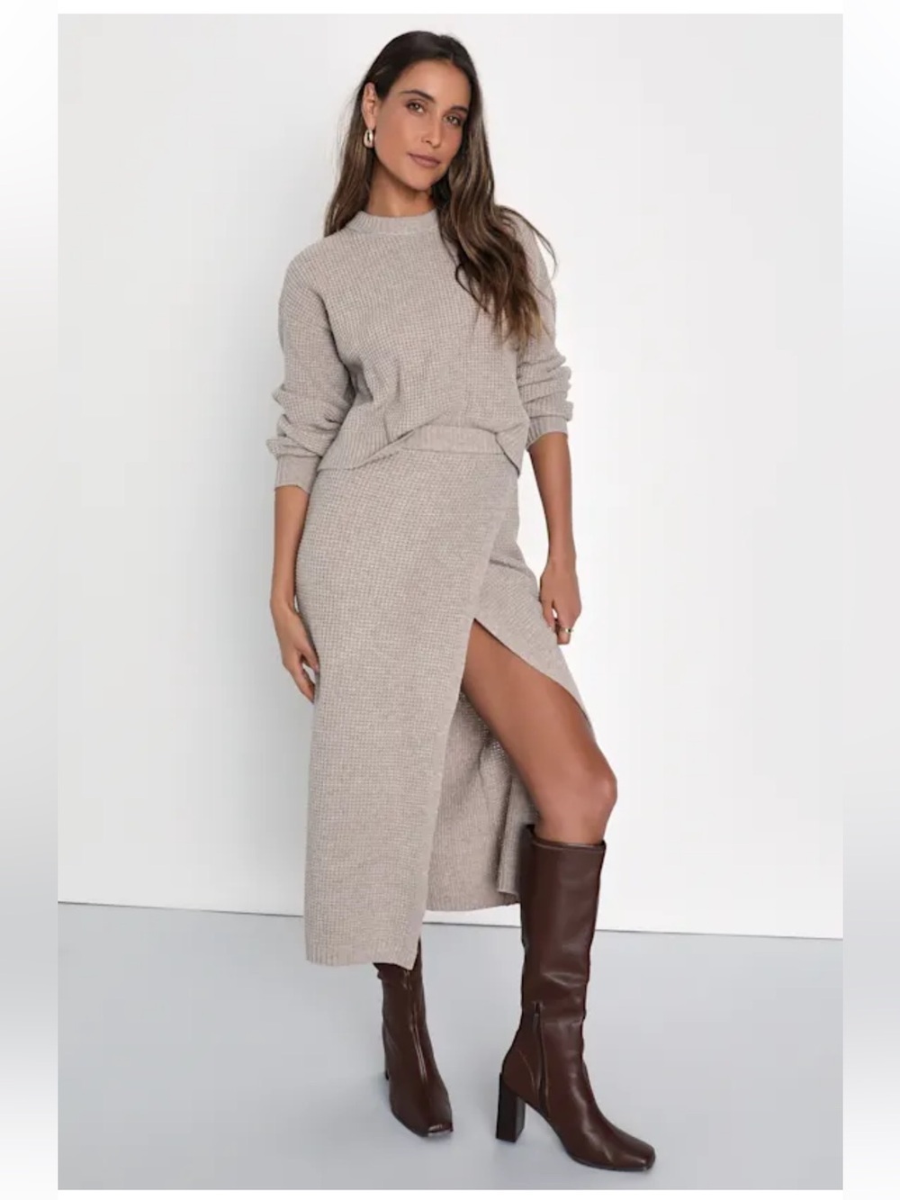 Lulu's Taupe Ribbed Wrap Midi Skirt